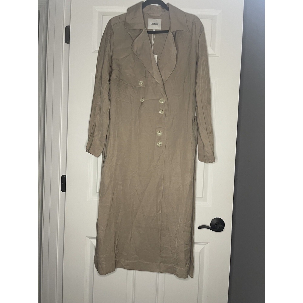 Darling Button Up Duster Trench Coat Dress With Belt Large Tan New With Tags